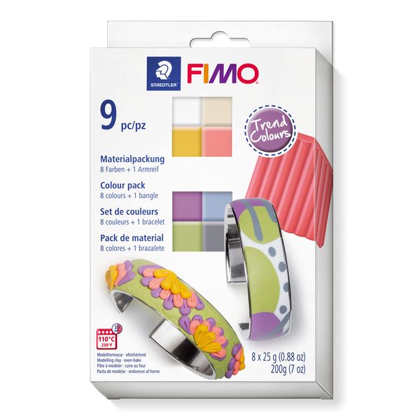 STAEDTLER 8023 C8-1P FIMO Soft Oven-Hardening Polymer Modelling Clay - Assorted Trend Colours (Pack of 12 x 25g Half Blocks & 1 Bangle)