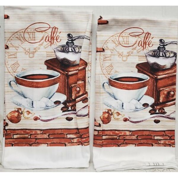 2 SAME MICROFIBER PRINTED TOWELS (15"x25") COFFEE GRINDER,COFFEE CUP & CLOCK, CE