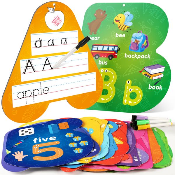 D-FantiX 55 Pcs Dry Erase Number & Alphabet Flash Cards for Toddlers, Double Sided Write and Wipe Educational Preschool Flashcards, Number Colors Shapes Letters Tracing Handwriting Practice for Kids