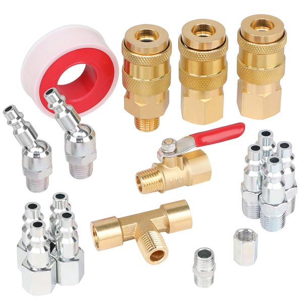 Hromee 18 Pieces Air Coupler and Plug Kit, 1/4-Inch NPT Air Hose Fittings and Compressor Accessories with Universal Quick Coupler, Brass Ball Valve, Swivel Air Plug and Tee Pipe Fitting