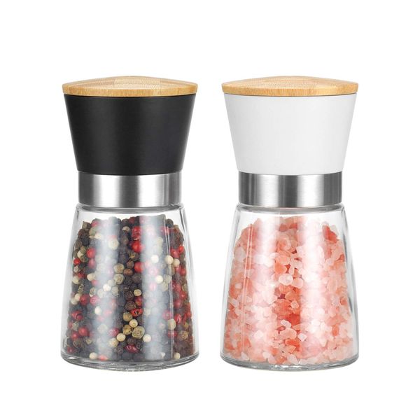 Vucchini Salt and Pepper Grinder Set Black and White, Easy to Refill and Use, Ceramic Spices Mill for Kitchen, with Adjustable Coarseness, Fresh-Keeping Wooden Lids