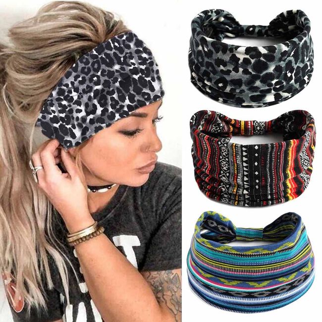 Zoestar Boho breite Stirnbänder Streifen Yoga Kopftücher Knoten Turban Kopfwickel Leopard Vintage stilvolle Haarbänder elastisch dick Mode Haarschmuck für Frauen und Mädchen (3 Stück)