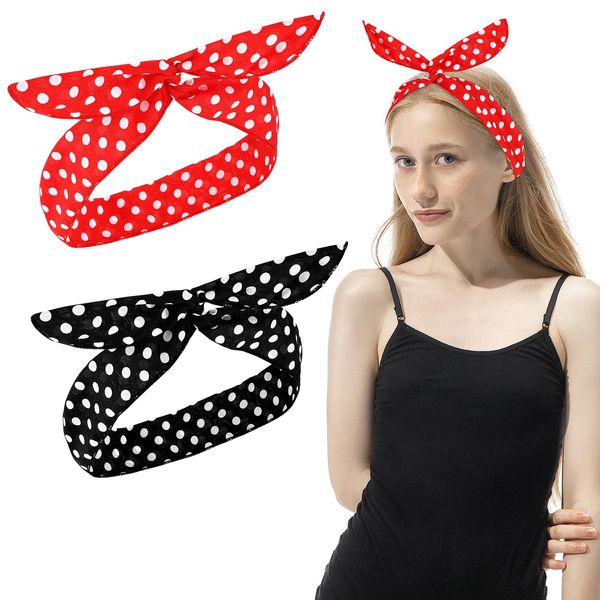 2 Pieces Polka Dot Headbands, Sibba Rabbit Ear Bow Headwraps Retro Bandana Christmas Dress Up 50s Wire Headband Vintage Print Hairband Cute Knotted Hair Accessories for Women Girls