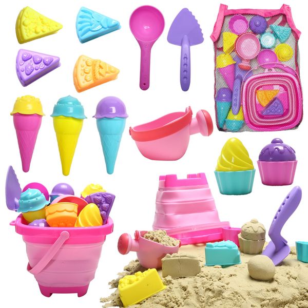 Collapsible Beach Toys for Kids,Collapsible Ice Cream Sand Toys for Girls,Sand Bucket and Shovels Set with Mesh Bag & Sand Molds, Ice Cream Travel Sand Toys for Beach for Toddlers Kids Age 3-6