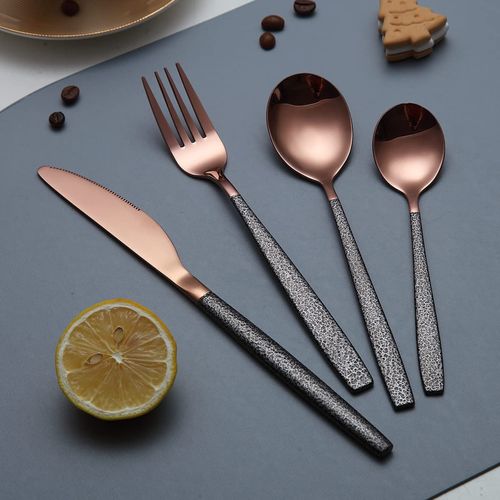 Kyraton Cutlery Set 16 Pieces with Moon Surface Black Handle and Shiny Rose Gold Mouth Titanium Coating Stainless Steel Modern Cutlery Set Utensils Set Service for 4
