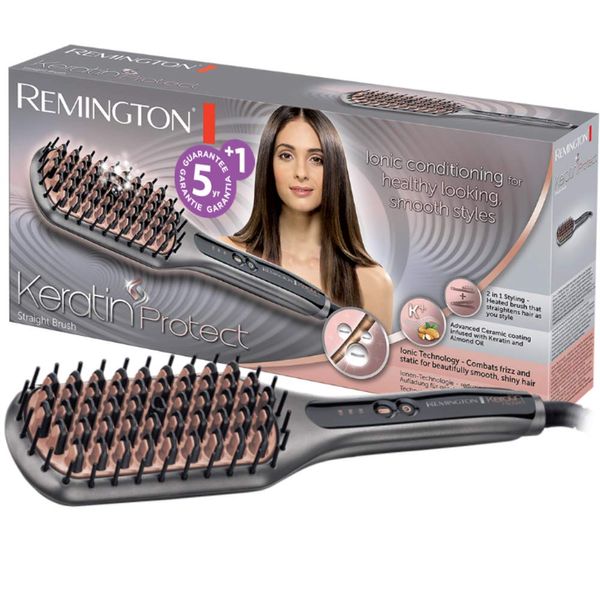 Remington Glätteisen & Haarbürste für eine reduzierte Stylingzeit (Keratin-Keramikbeschichtung mit Mandelöl angereichert, Digitales Display, 150-230°C) CB7480, Ionen-Technologie, Grau/Rose Gold