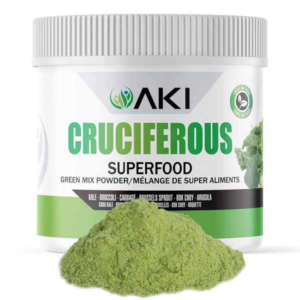 AKI Cruciferous Superfood Blend Powder | Made of Kale, Broccoli, Cabbage, Brussels Sprout, Bok Choy, Arugula | Ideal to Boost Greens Veggie Smoothie Supplements Vitamins - (5.3oz/ 150G)