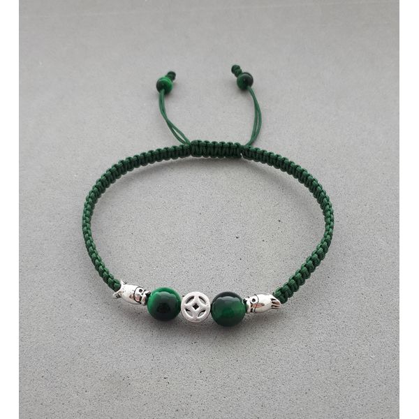 Success + Double Wealth Luck.. Silver Fish &amp; Silver Coin &amp; Green Tiger Eye Knot Bracelet