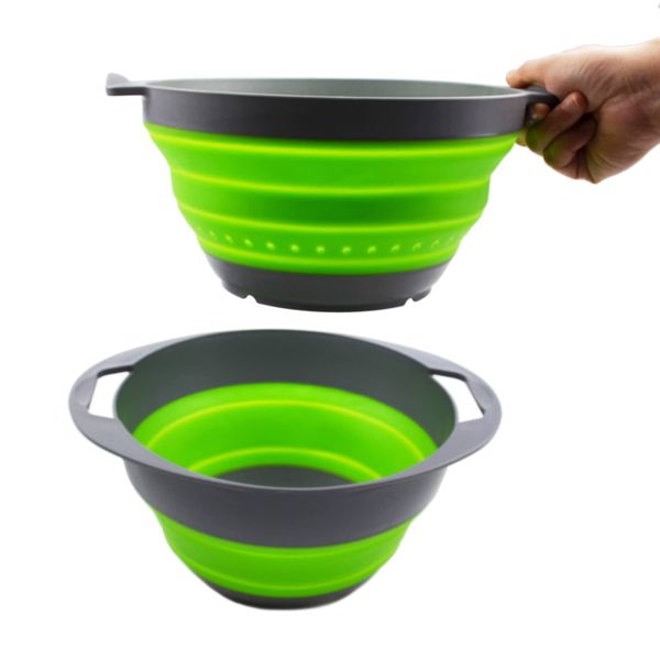 TPE/PP Collapsible Colander and Bowl Set Collapsible Sink - Portable Dishwasher Tray - Space Saving Kitchen Storage (Dark Grey/Green)