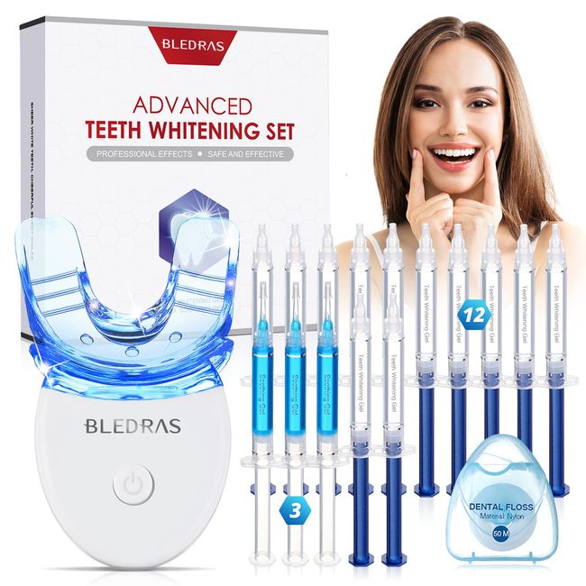 Teeth Whitening Kit, Bledras Professionelles Zähne Bleaching Set, 12 Bleaching Gel, 3 Beruhigungsgel, Zahnseide, Zahnschale, Schonend Zahnaufhellung zu Hause, 15 Minuten Zahnbleaching