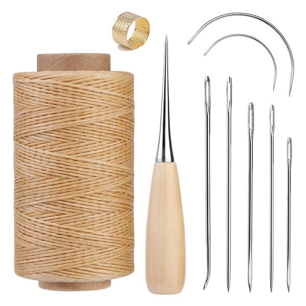 SUVSOON 273 Yards Leather Waxed Thread Kit, Upholstery Repair Waxed Thread Sewing Kit Including Thread Needle Awl Thimble, Leather Sewing Kit for Leather Carpet Sofa Seat Shoe Sewing(Natural Color)