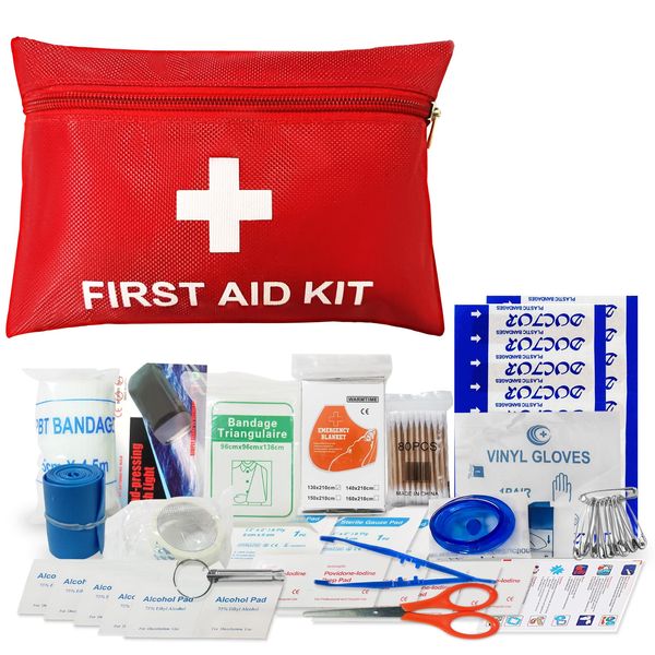 QILUCKY First Aid Kit Travel,19 Kinds 129 Pieces Small First Aid Kit,Includes Emergency Blanket,Bandage,Scissors for Travel, Home, Office,Travel, Camping, Hiking