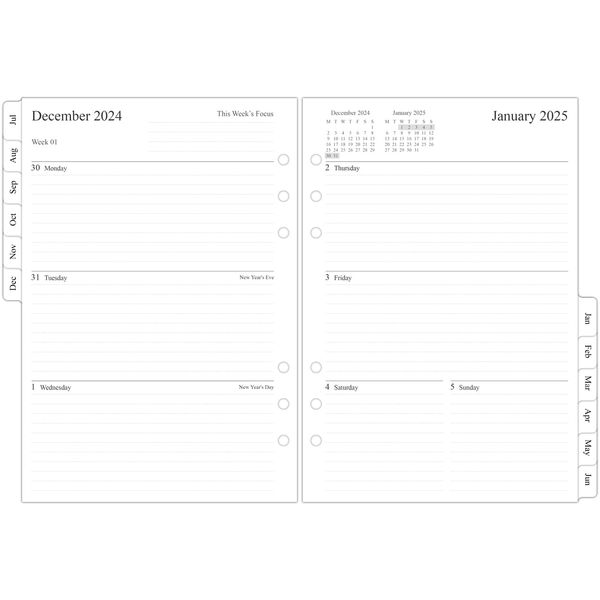 newestor 2024-2025 Middle Year Weekly Diary Refill A5 Size, Compatible with Filofax A5 Organizers, Two Pages Per Week, Monthly Tabs, July 2024 - June 2025