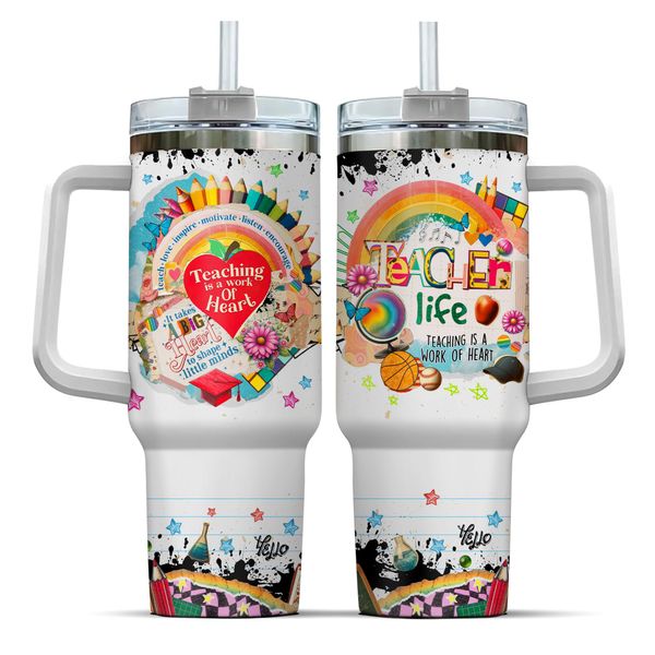 99OWL Teacher Learning Tools Colorful, Tumbler 40 Oz With Handle Lid And Straw, Teacher Gifts, Teachers Handle Book Lover Rainbow Books Tumblers Steel Appreciation Pencil Coffee Pack