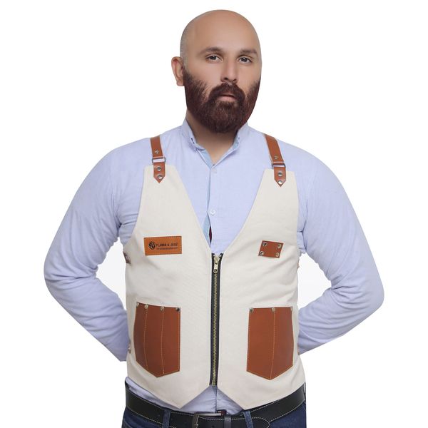 FLAMIA & JABZ Grembiule stile gilet per barbiere, parrucchiere e parrucchiere professionista (bianco sporco)