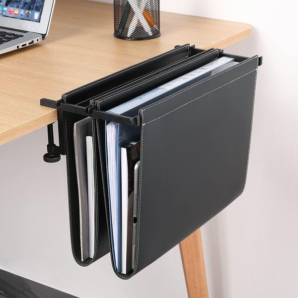 Nuslne Hanging Desk File Organizer, Vertical Hanging Desk Storage,Under Desk Storage，Sturdy File Holder and Laptop Holder for offices, homes, schools, Ideal Desk-Side Storage Solution，Fits A4-Size