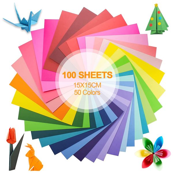 100 Sheets Coloured Paper, 15x15cm Origami Paper Mixed Colors for Kids, Adults, Beginners, DIY Arts and Crafts Colorful Projects