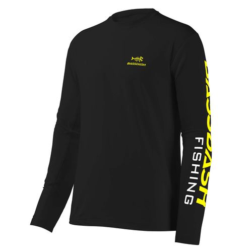 Bassdash Fishing T-Shirt Fishing Long Sleeve Water UPF 50+ Shirt Rash Guard Fishing Clothing UV Sun Protection, Black / yellow logo.