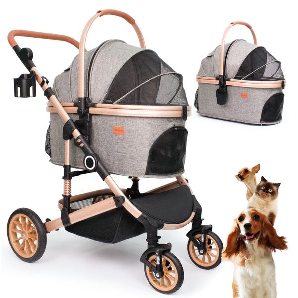 Pet Stroller with 4 Wheels, Foldable Pet Travel Carrier for Small/Medium Dogs...