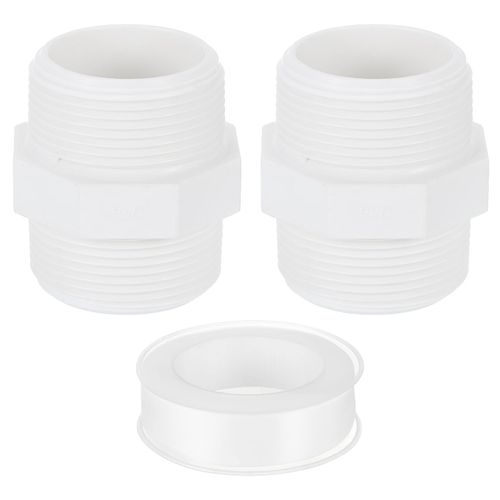 uxcell PVC Nipple Thread Coupling Adapter Connector, 2Pcs 1-1/2" PT PVC Pipe Fitting with Sealant Tape (Male to Male), Hose Adapter Coupling for Thread Plumbing Pipe (White)