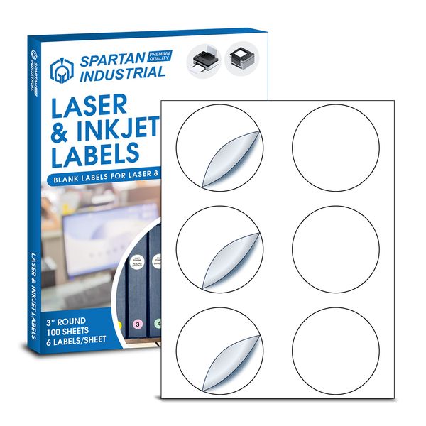 Spartan Industrial Printable Circle Laser Label - 3" Round - White, 100 Sheets, 600 Total Labels | Multipurpose Label Ideal for Custom Projects, Product Labeling Organization | Inkjet/Laser Printer