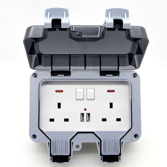 110V 2Gang Outdoor Wall Switch Socket IP66 Waterproof Dust Proof Power  Outlet US