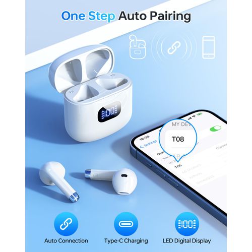 KTGEE Wireless Earbuds Bluetooth 5.3 Headphones, 40Hrs Playback Stereo Ear Buds with LED Display Charging Case IPX7 Waterproof in-Ear Earphones with Mic for Phone Tablet Laptop Sports, White
