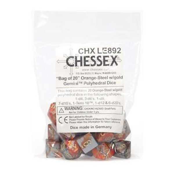 Chessex Bag of 20 Gemini Orange-Steel/Gold Polyhedral Dice