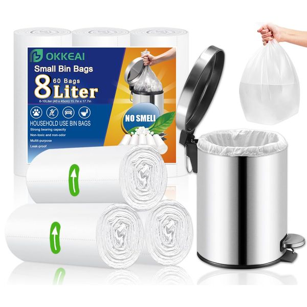 OKKEAI Small Pedal Bin Liners Bathroom Bin Bags White Garbage Bags 8l Rubbish Bags Plastic Waste Bags Clear Trash Bags for Toilet,Office Fit 6L,7L,8L,9L,10L Caddy Bags