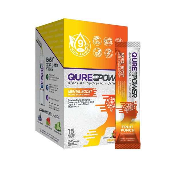 QURE Power Mental Boost | Alkaline Hydration Mix | Brain health | Fruit Punch Flavor Essence | Single Serving Easy Open Stick | 15 Sticks per Box