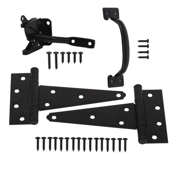 HOME MASTER HARDWARE Wood Gate Hardware Set- Heavy Duty 6" Gate Tee Hinge, Self-Closing Gate Latch and Pull Set Gate Hardware Kit with Screws for Outdoor Fence Swing Gate Black Finish