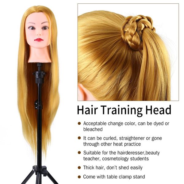 Hair Mannequin Head Human Hair, Fiber Hairdresser Training Head Cosmetology Doll Head Blond