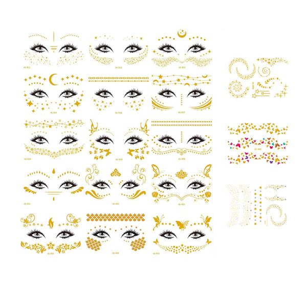 18 Pack Face Tattoo Sticker Metallic Shiny Temporary Face Tattoos Golden and Silvery Glitter Face Forehead Eyebrow Decoration Face Art for Women Girls Christmas Halloween Dancer Costume Parties