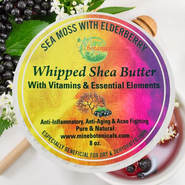 Mine Botanicals Whipped Shea Butter with Seamoss & Elderberry - Orange Blossom Scent, 8 oz - Vitamin E & Argan Oil for Dry Skin