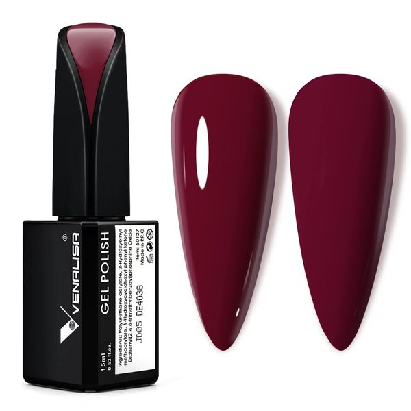 VENALISA 15ml Dark Red Gel Nail Polish, Claret-Red Color Soak Off UV LED Nail Gel Polish Nail Art Starter Manicure Salon DIY at Home, 0.53 OZ