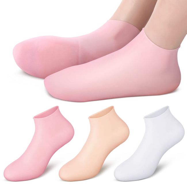 3 Paar Silikon Socken Silikon Gel Socken Feuchtigkeitsspendende Socken Silikon Feuchtigkeitssocken für Fußpflege Trockene Füße Rissig Ferse Erweichung Rauer Haut, Weiß, Hautfarbe, Rosa (M)