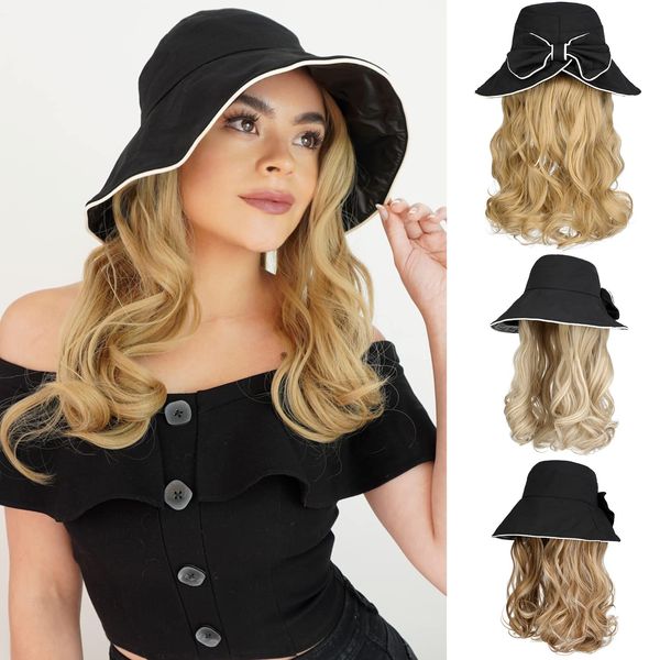 Qlenkay Sun Hat with 18'' Long Wavy Hair Extension Wide Brim Bucket Hat Bow Attached Curly Synthetic Hairpiece Adjustable Chin Strap Cap Wig for Women Ginger Blonde Mix Bleach Blonde