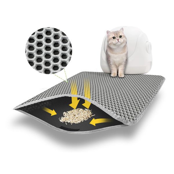 Katzenklo Matte 75x55 CM mit Klettverschluss und Großes Loch Design, Katzenstreu Matte Doppelte Wasserdichte und Rutschfeste, Katzenmatte Katzenklo Ungiftiges Material, Cat Litter Mat Grau