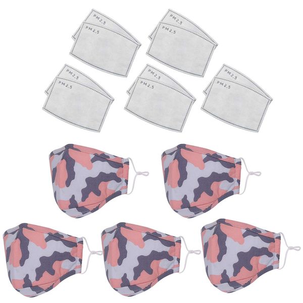 Kids Camouflage Cotton Face Mask Reusable, Washable & Dust Proof, Breathable & Safety Mask with 10pcs Filter, Anti-Pollution Mask, Unisex Face Cover, Pink Camo, 5pcs