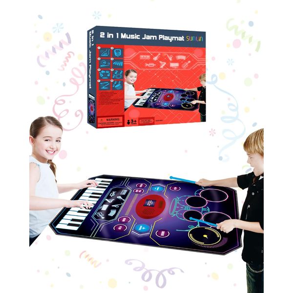 SUNLIN 2-in-1 Music Jam Mat, Music Learning Toy for Boys Girls 3-6, Drum Set + Piano Mat, Toddler Birthday Gift 3 4 5 6 Years, Record & Playback, Built-in Songs, 8 Instrument Sounds, Volume Control