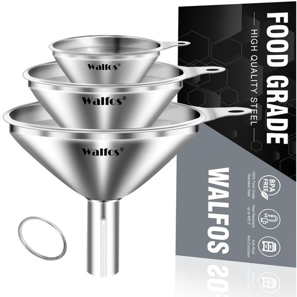 WALFOS Mini Stainless Steel Funnels, Multi-use Small Kitchen Funnel Set, for Transferring Liquid, Fluid, Essential Oils, Powder,Tiny Spices,Durable and Dishwasher Safe (3 Piece)