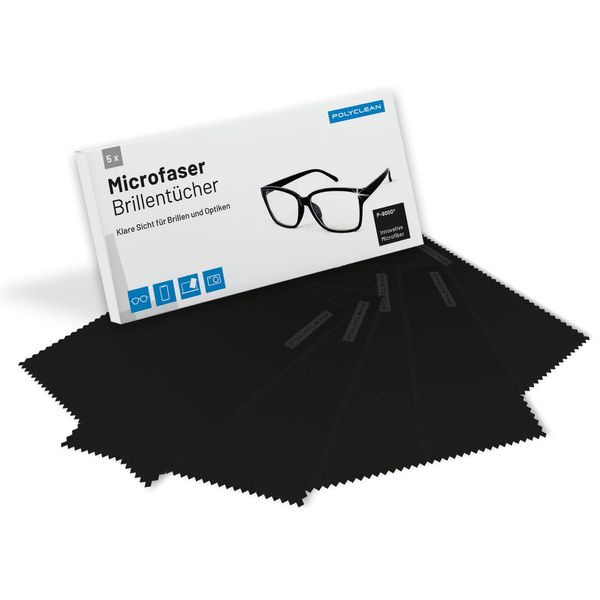 POLYCLEAN 5X Brillenputztücher aus Microfaser – Microfasertuch für Brillen, Display und Laptop – Display Tuch (18x15 cm, Schwarz) – Bildschirmreiniger Screen Cleaner Bildschirmtuch