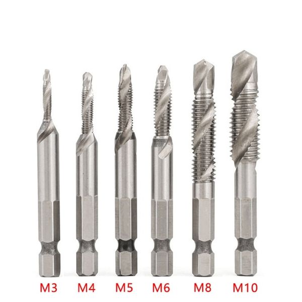 Hand Tap Machine Tap Spiral Tap 6pcs Woodworking Tools Titanium Plated Hex Shank Drill Bit Set Hss Thread Screw Metric Tap Wrench Screw Machine Composite Screw, 6pcs Silver Short