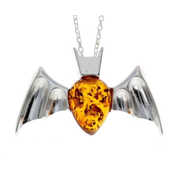 Genuine Cognac Baltic Amber & Sterling Silver Bat Pendant without Chain - 692