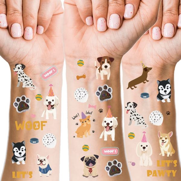 Cranight Hund Tattoo Kinder, 66 Glitter Groß Tattoo Sticker Hautfreundlich, Temporäre Kindertattoos Fake Tattoo Kindergeburtstag Gastgeschenke, Woof Party Favors