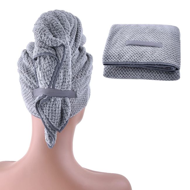 WKJHO Large Microfiber Hair Towel Wrap for Women,Plush Absorbent Microfiber Hair Towels with Elastic Strap,Super Soft Hair Drying Towel,Quick Dry Hair Turban for Wet, Curly, Long & Thick Hair（Gray）