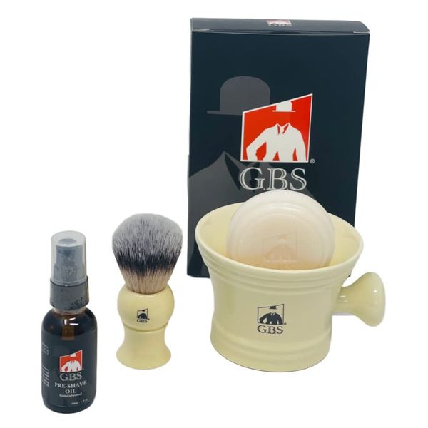 G.B.S Shaving Set for Gentlemen, Premium Men's Grooming, Men Wet Shaving Set, Ceramic Ivory Shaving Soap Bowl with Shaving Brush, Stand and Natural Soap