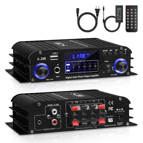 Amplificador 4 Canales, 5.0 HiFi Stereo Bluetooth Amplifier, 40W x 4, 600W max, with AUX/USB/FM/MIC, Class d Home Audio Receivers Include RC and 12V 5A Power Adapter