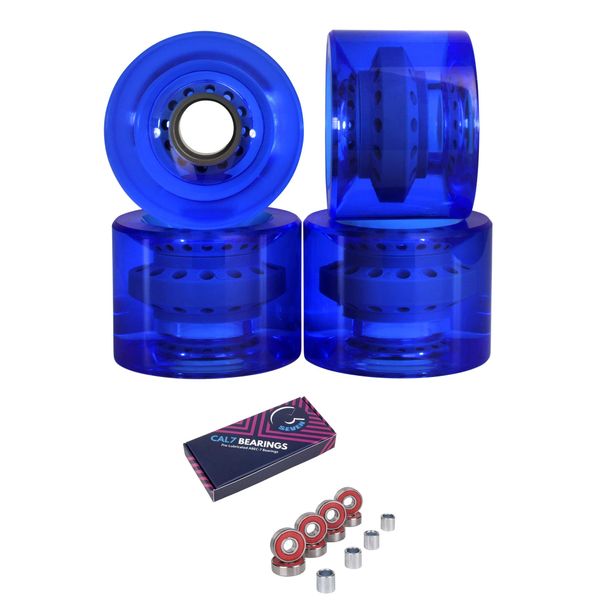 Cal 7 70mm Longboard Skateboard Wheels + ABEC 7 Bearings and Spacers Set (Clear Blue)