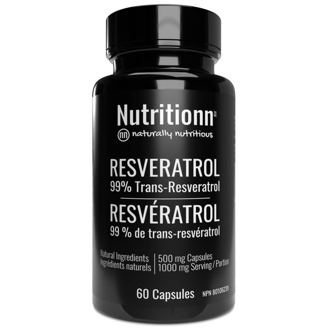 Resveratrol 99% Trans-Resveratrol by Nutritionn - 500 mg per Capsule, 1000 mg Serving - Premium Natural Health Supplement